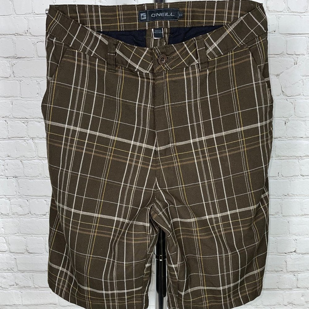 O'NEILL MEN'S BROWN PLAID BOARD SHORTS SIZE 33